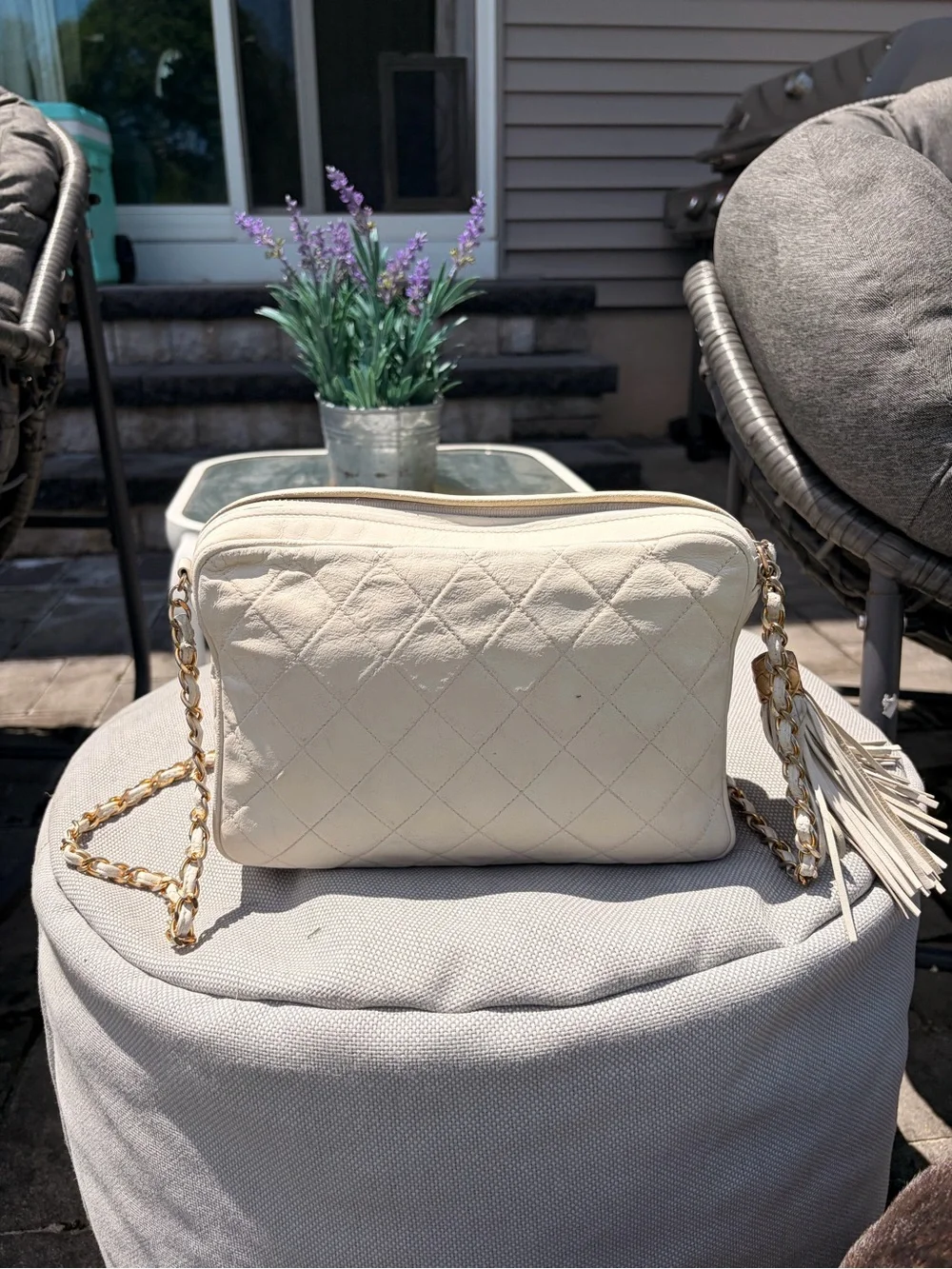 Vintage Chanel Tassel Camera Bag | Ivory/Cream Lambskin | Authentic